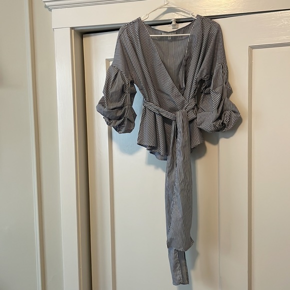 Blue and white striped blouse with waist-tie - Picture 2 of 4